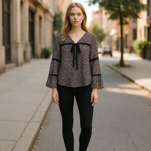 BCBG Generation Floral Bell Sleeve Sheer Blouse Medium